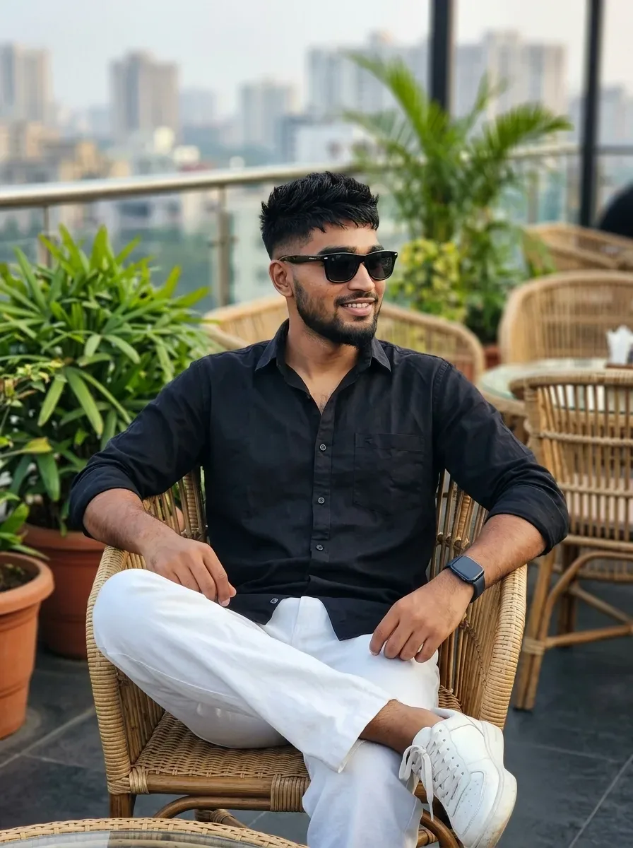 Rooftop Cafe Male Full-body Portrait Seated In Wicker Chair AI Photo Prompt preview example result