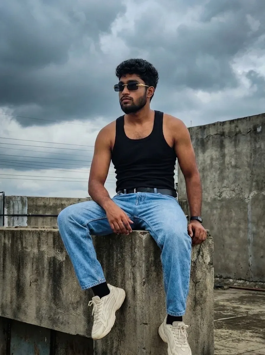 Rooftop Male Portrait In Black Tank Top Against Moody Storm Clouds AI Photo Prompt preview example result