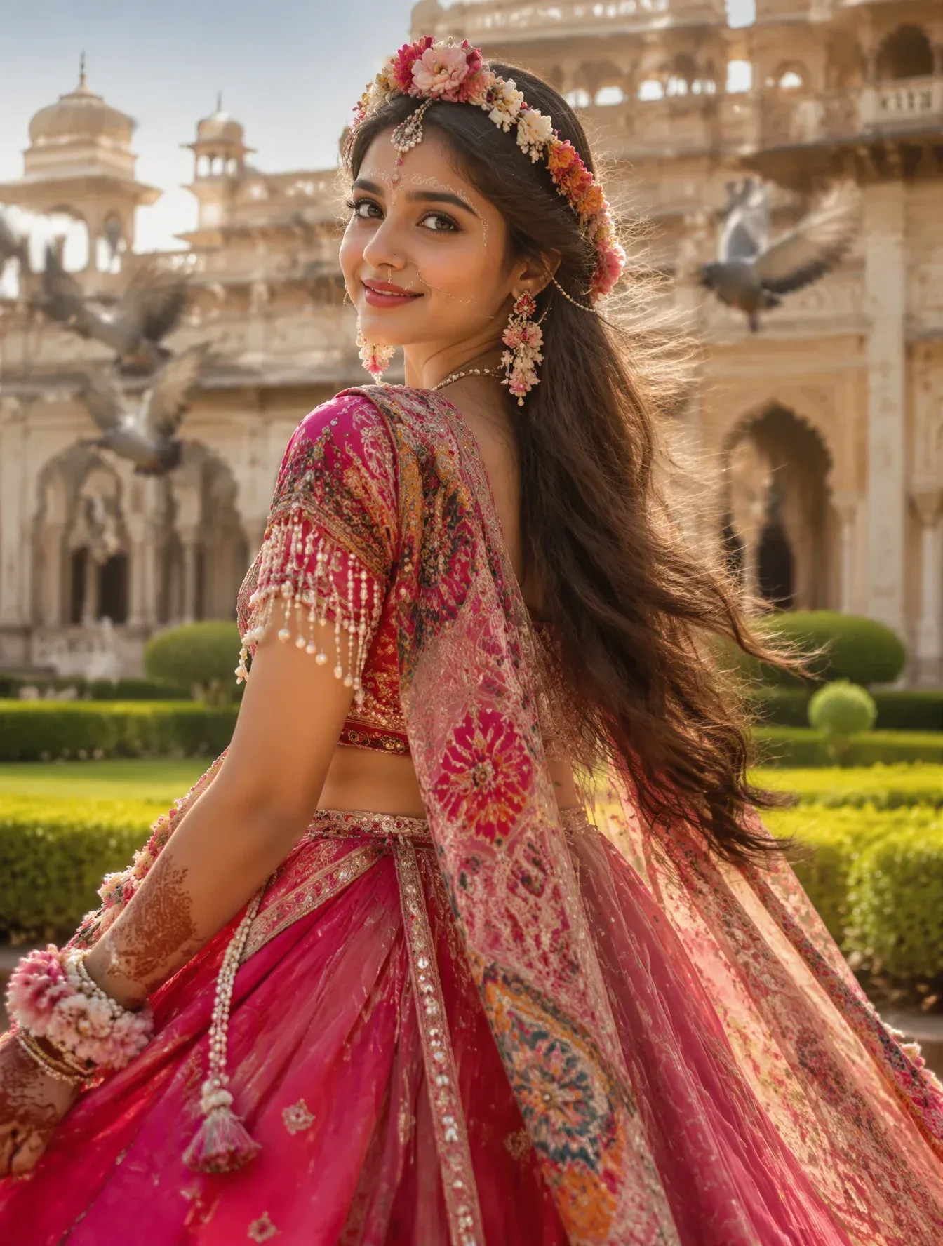 Royal Indian Palace Courtyard Female Portrait In Pink Embroidered Lehenga AI Photo Prompt preview example result