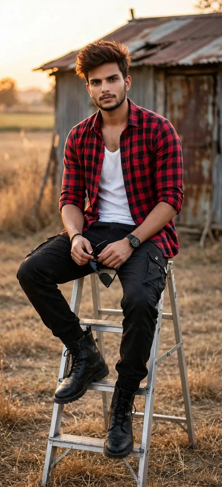Rugged Ladder Pose Golden Hour Farm Portrait AI Photo Prompt preview example result