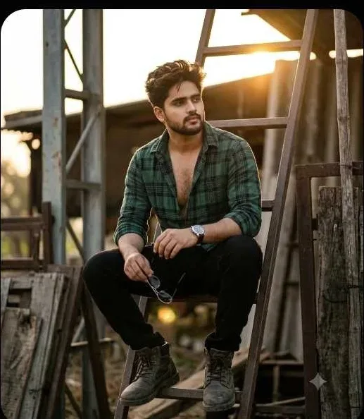 Rugged Sunset Portrait Man Sitting On Ladder AI Photo Prompt preview example result