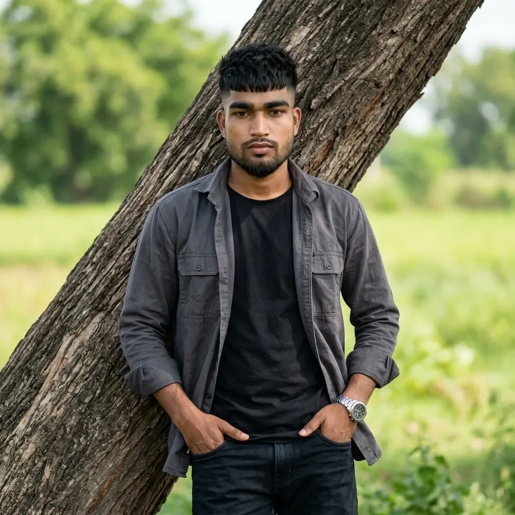 Rural Field Male Portrait Leaning On Rustic Tree Trunk In Grey Overshirt AI Photo Prompt preview example result