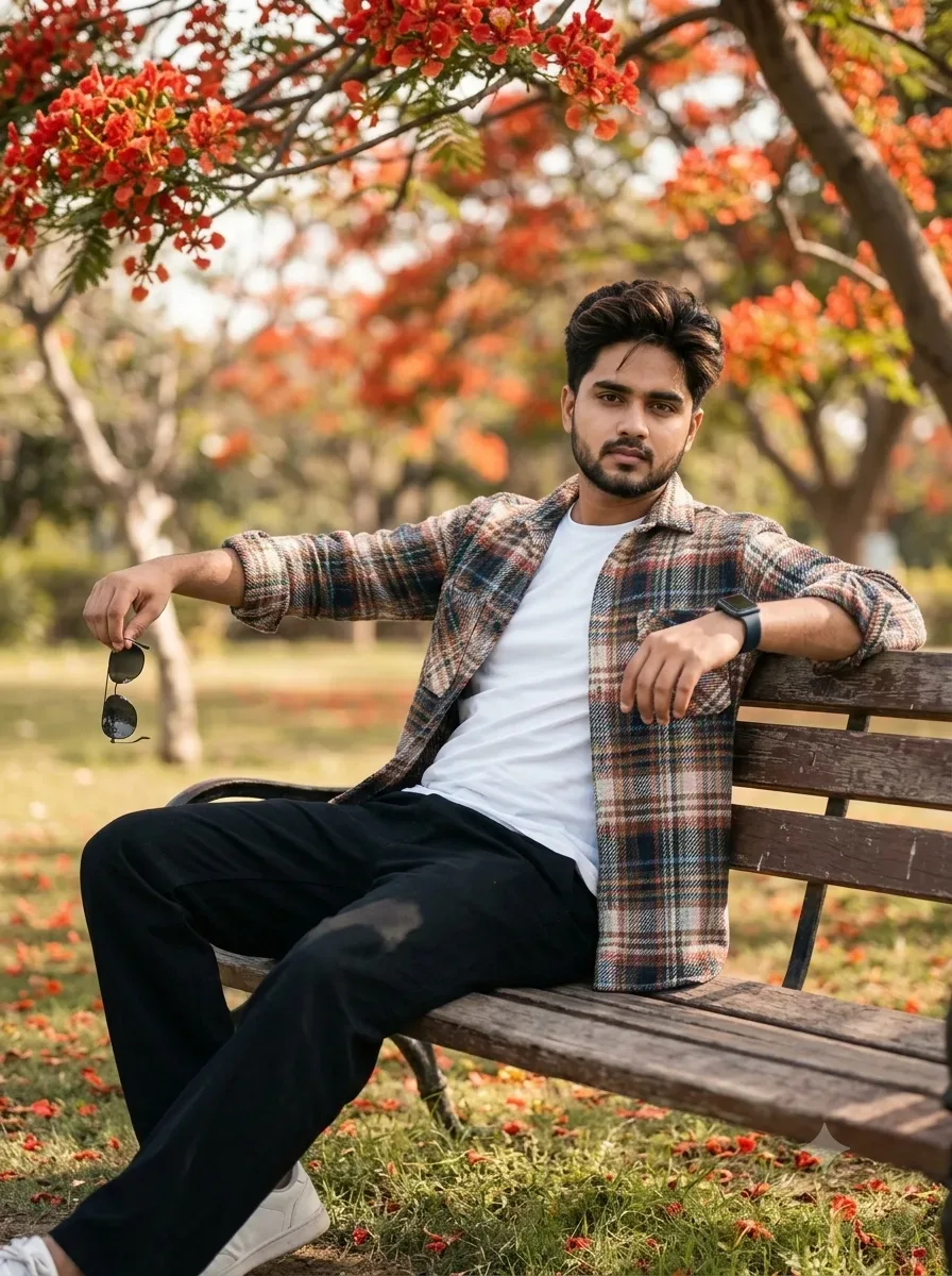 Rural Meadow Male Full-body Portrait Leaning On Tree Trunk Holding Flowers AI Photo Prompt preview example result