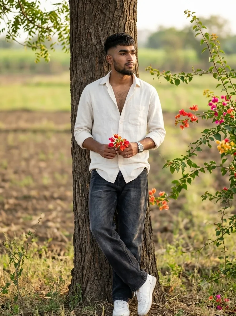 Rural Meadow Male Full-Body Portrait Leaning on Tree Trunk Holding Flowers Prompt preview example result