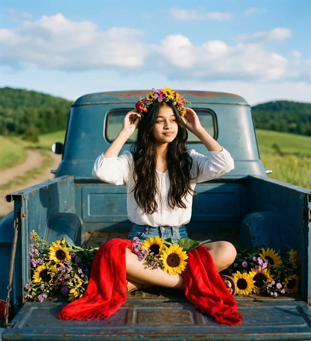 Rustic Countryside Female Portrait On Vintage Pickup Truck Bed With Flower Crown AI Photo Prompt preview example result