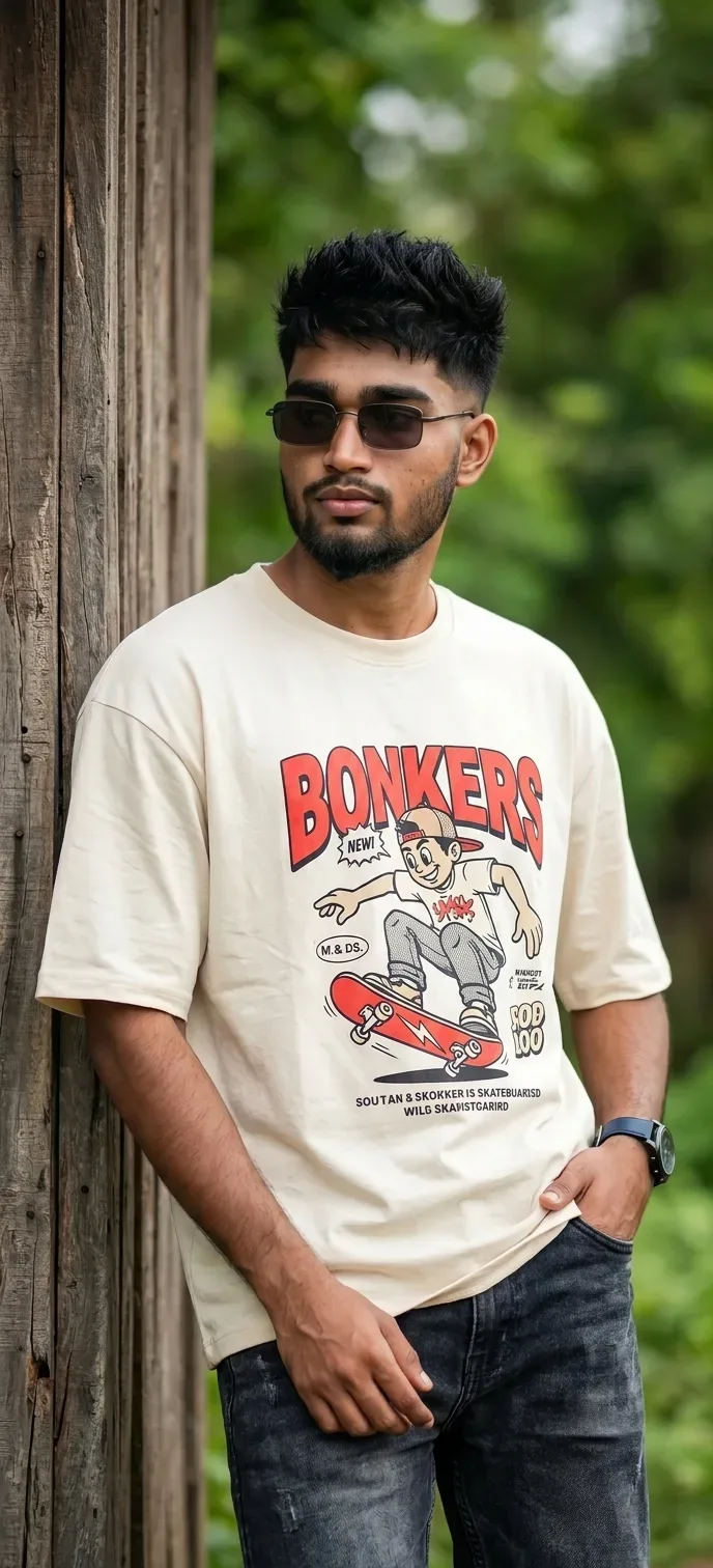 Rustic Wooden Wall Male Portrait In Cream Skater Graphic Oversized Tee AI Photo Prompt preview example result