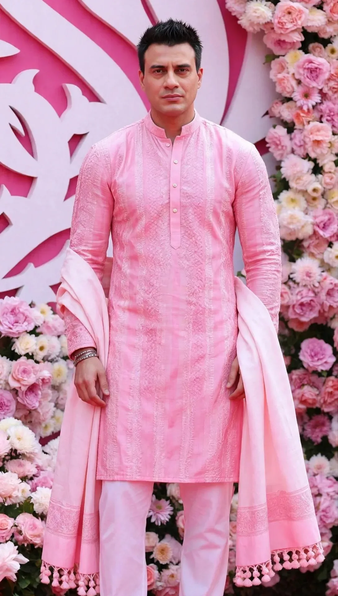 Same Face Lock + Pink Kurta Royal Look + 8K HD + Floral Background + White Pajama Dupatta + Gujarati Wedding Style AI Photo Prompt preview example result