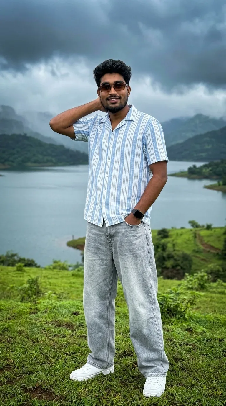 Scenic Hilltop Lake Male Full-body Portrait In Striped Resort Shirt AI Photo Prompt preview example result