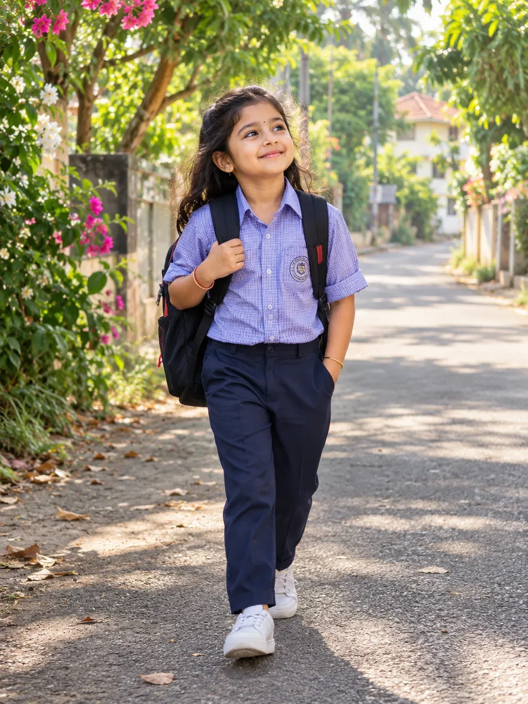 School-day Outdoor Portrait Of Child Walking Toward Camera AI Photo Prompt preview example result