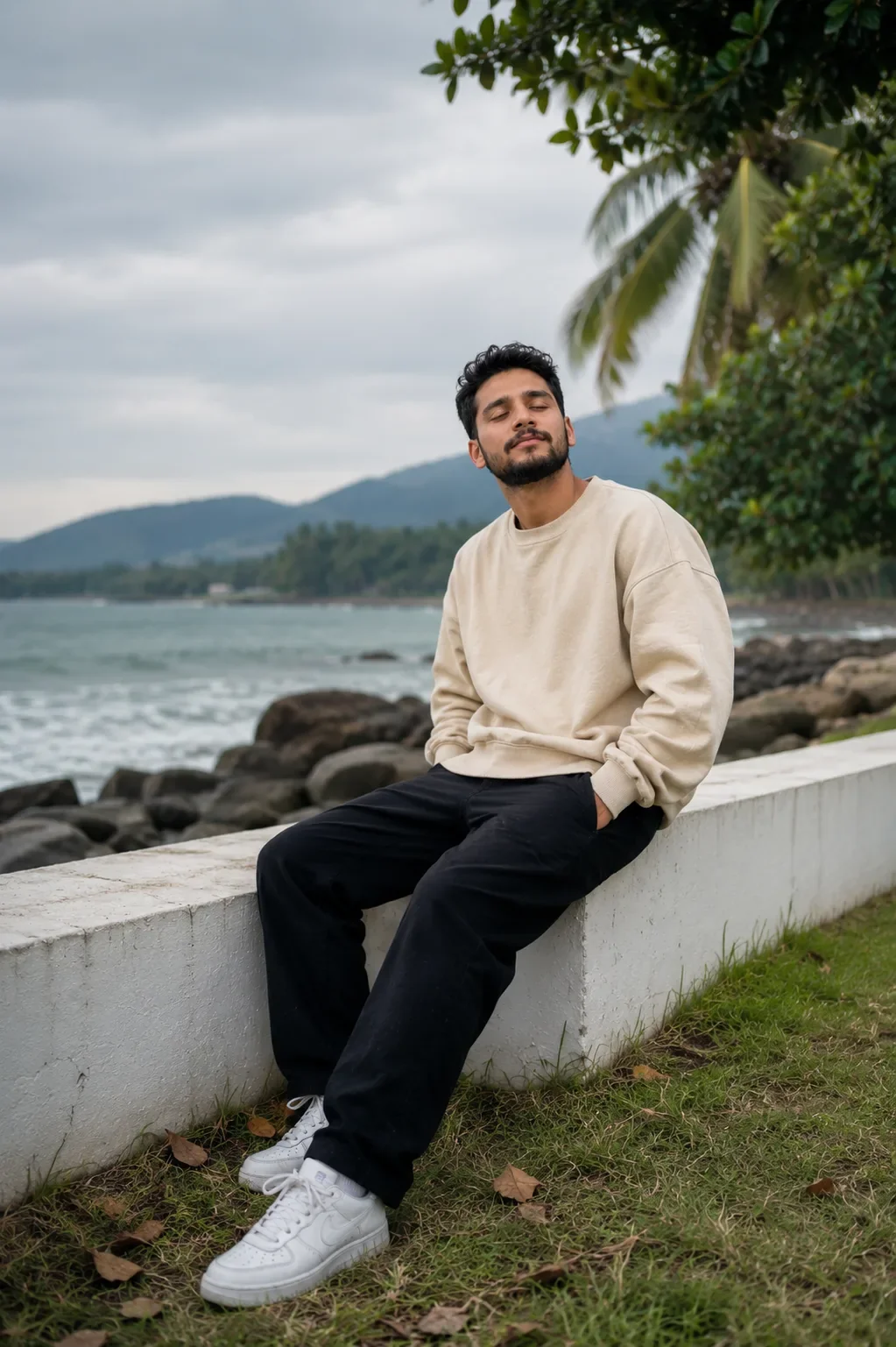 Seaside Seawall Portrait Cinematic Coastal Lifestyle Photography AI Photo Prompt preview example result