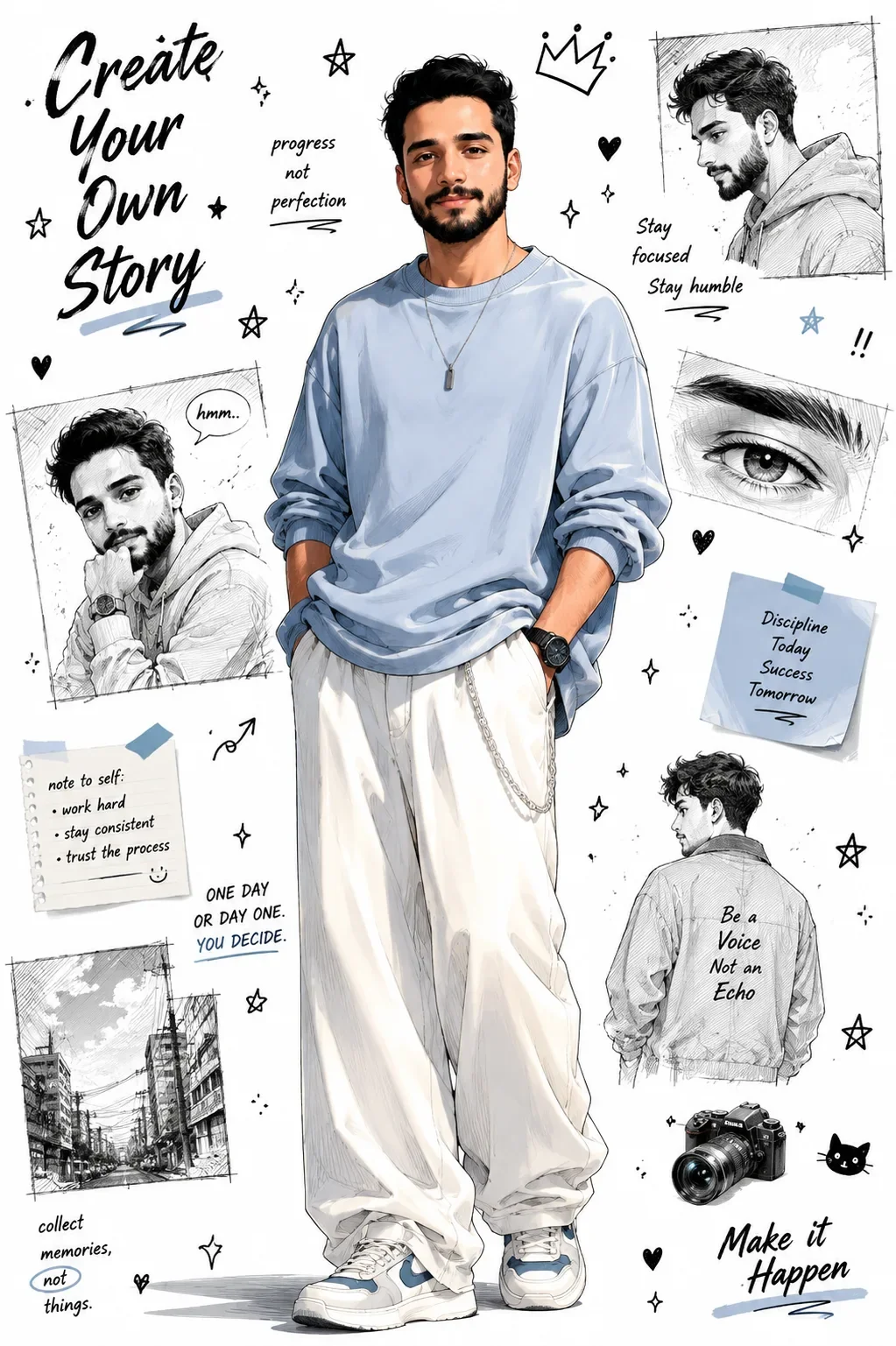 Semi-Realistic Anime Fashion Illustration AI Prompt | Editorial Manga Character Portrait preview example result