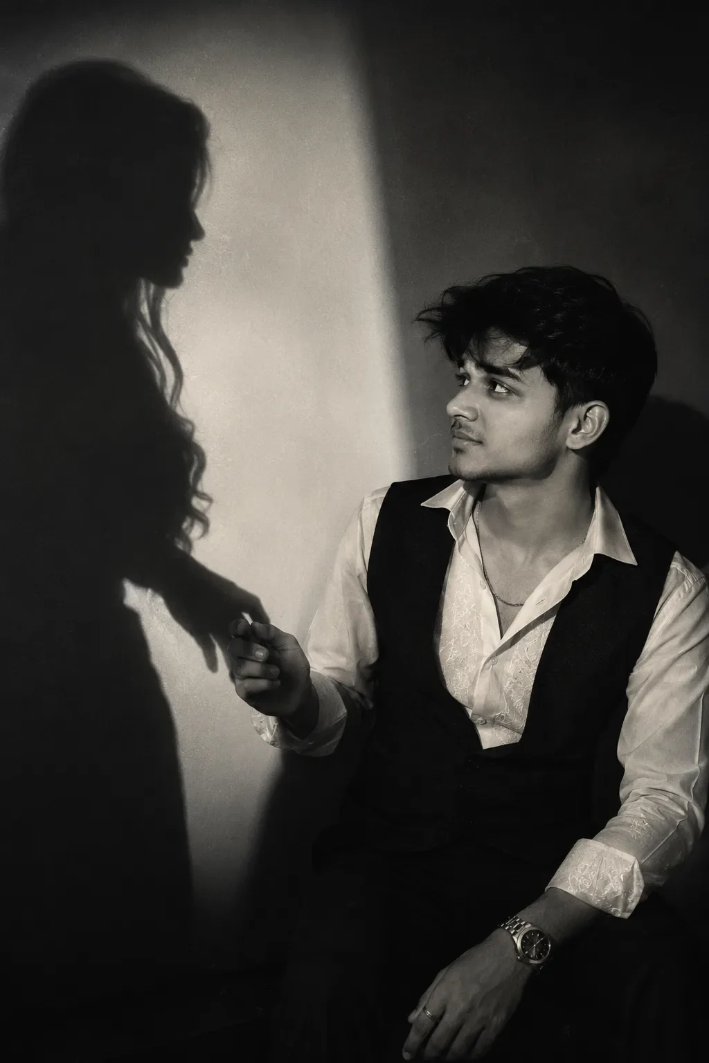 Shadow Love Editorial Cinematic Black And White Fashion Portrait AI Photo Prompt preview example result