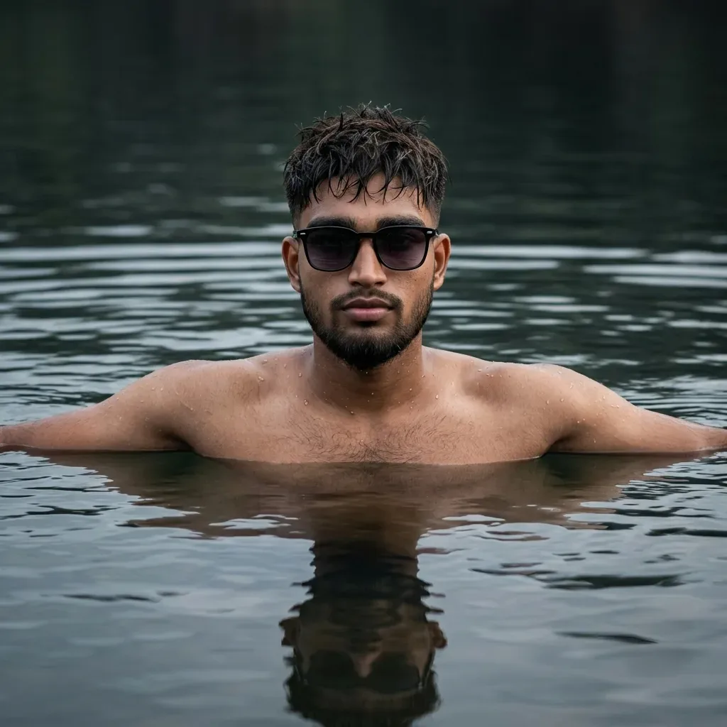 Shirtless Male Water Portrait In Lake With Sunglasses & Reflection AI Photo Prompt preview example result