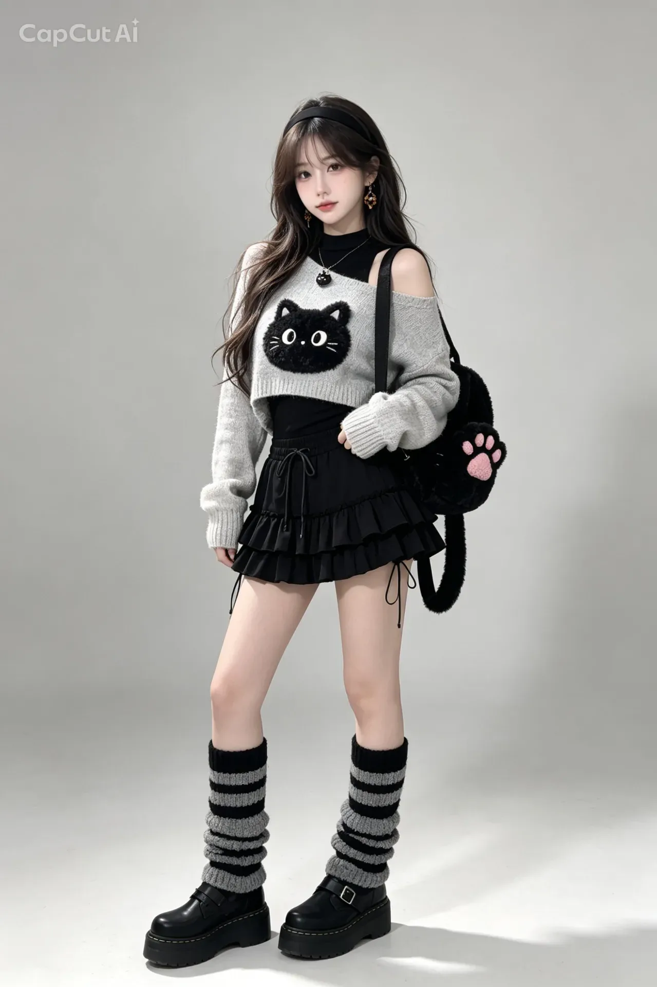 Shot In A Grey Knit Cat Sweater AI Photo Prompt preview example result