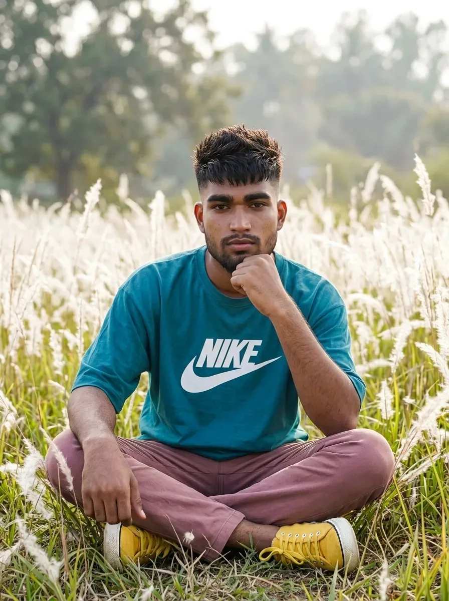 Sitting Outdoor Male Portrait In White Pampas Grass Field In Teal Nike Tee AI Photo Prompt preview example result