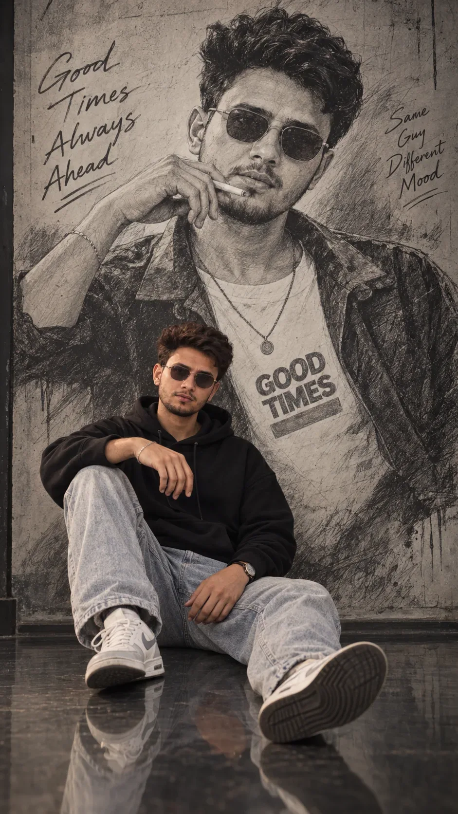 Sketch Portrait + Realistic Sitting Portrait AI Photo Prompt preview example result