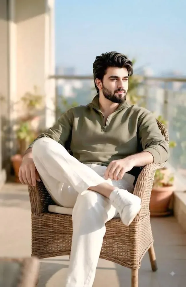 Smart Casual Balcony Portrait AI Photo Prompt preview example result