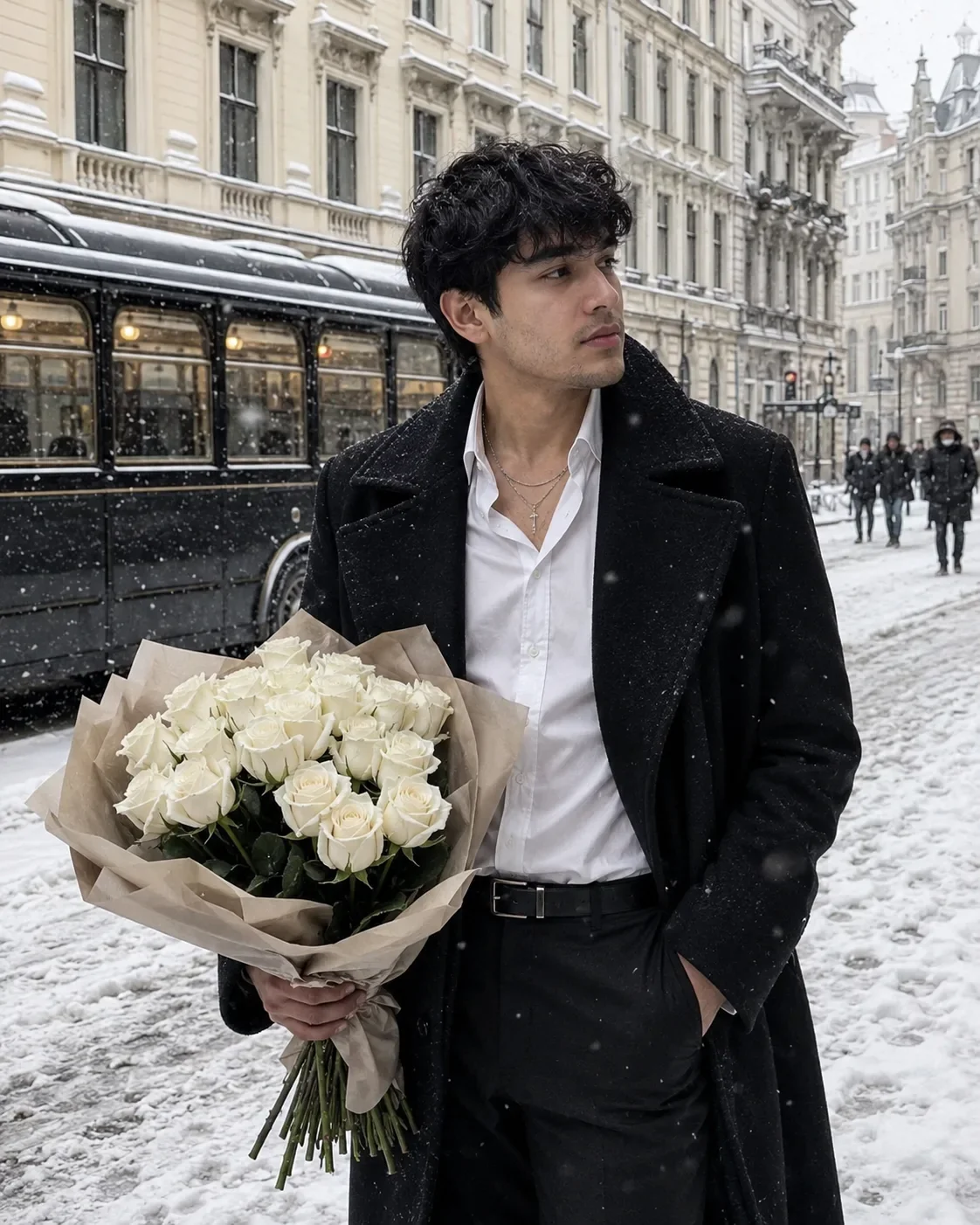 Snowy European Street Portrait Luxury Winter Editorial Photography AI Photo Prompt preview example result