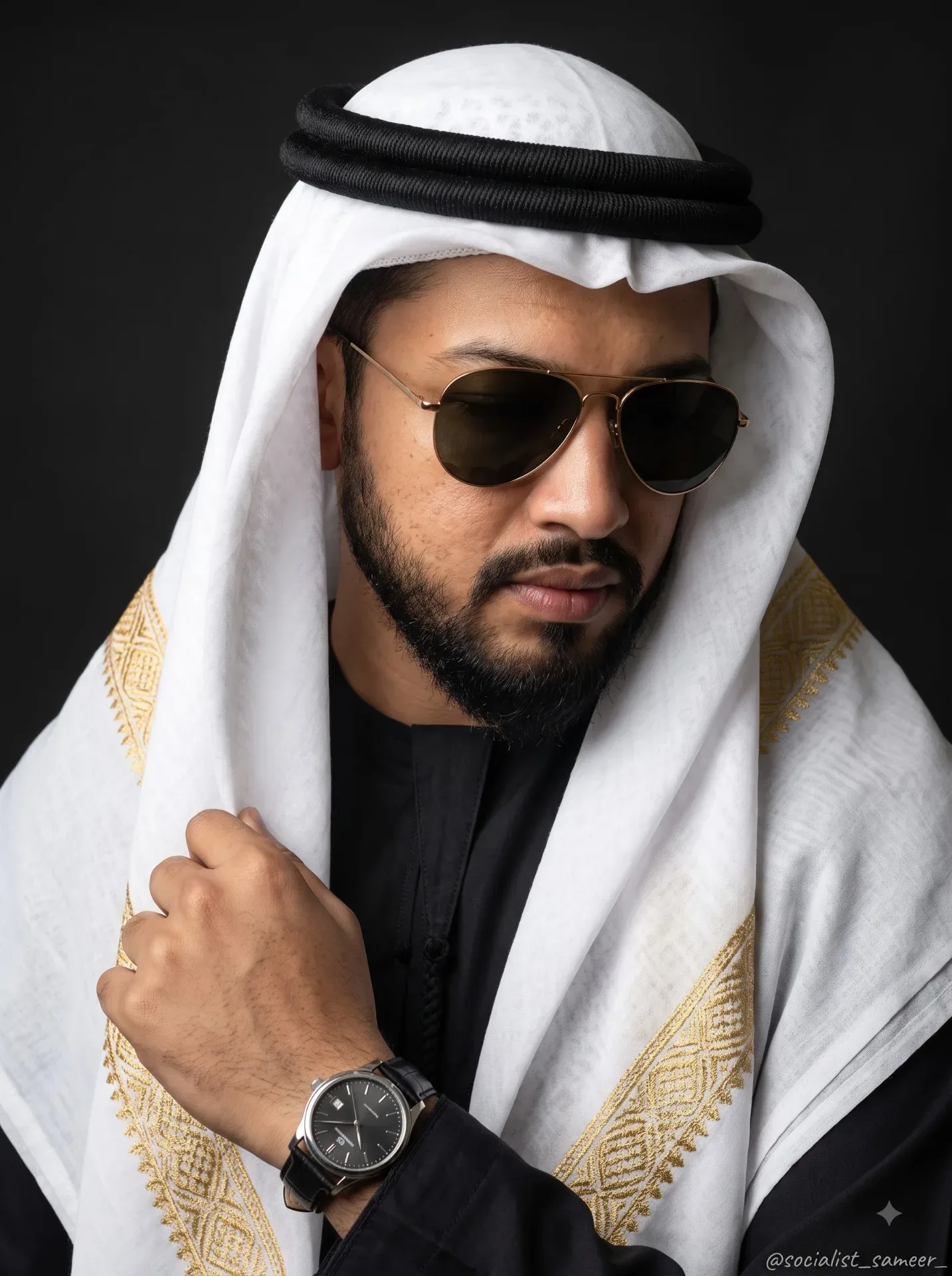 Sophisticated Modern Arab-inspired Fashion Portrait AI Photo Prompt preview example result