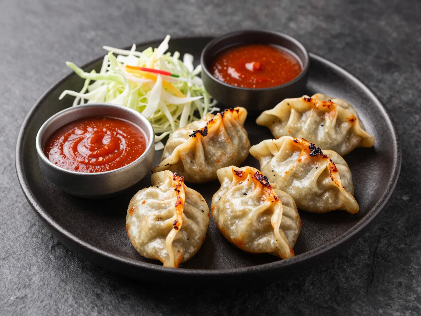 Spicy Grilled Chicken Momos On Black Ceramic Plate AI Photo Prompt generated preview