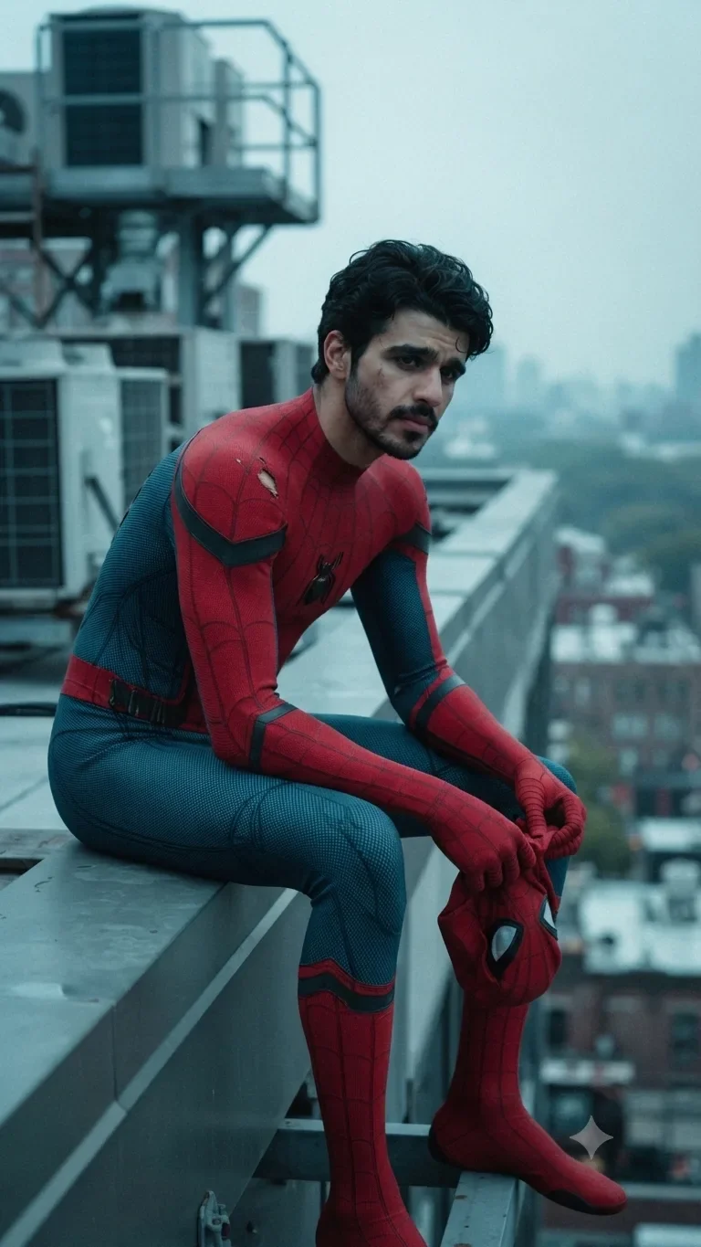 Spider-man Rooftop Unmasked Cinematic Superhero Movie Portrait AI Photo Prompt preview example result