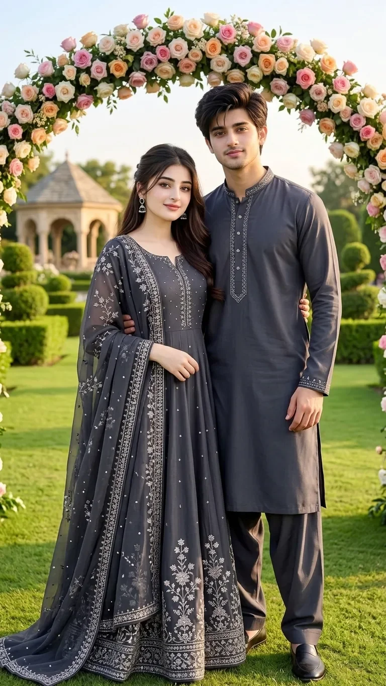 Standing Charocoal Grey Couple Portrait in a Rose Garden Venue preview example result