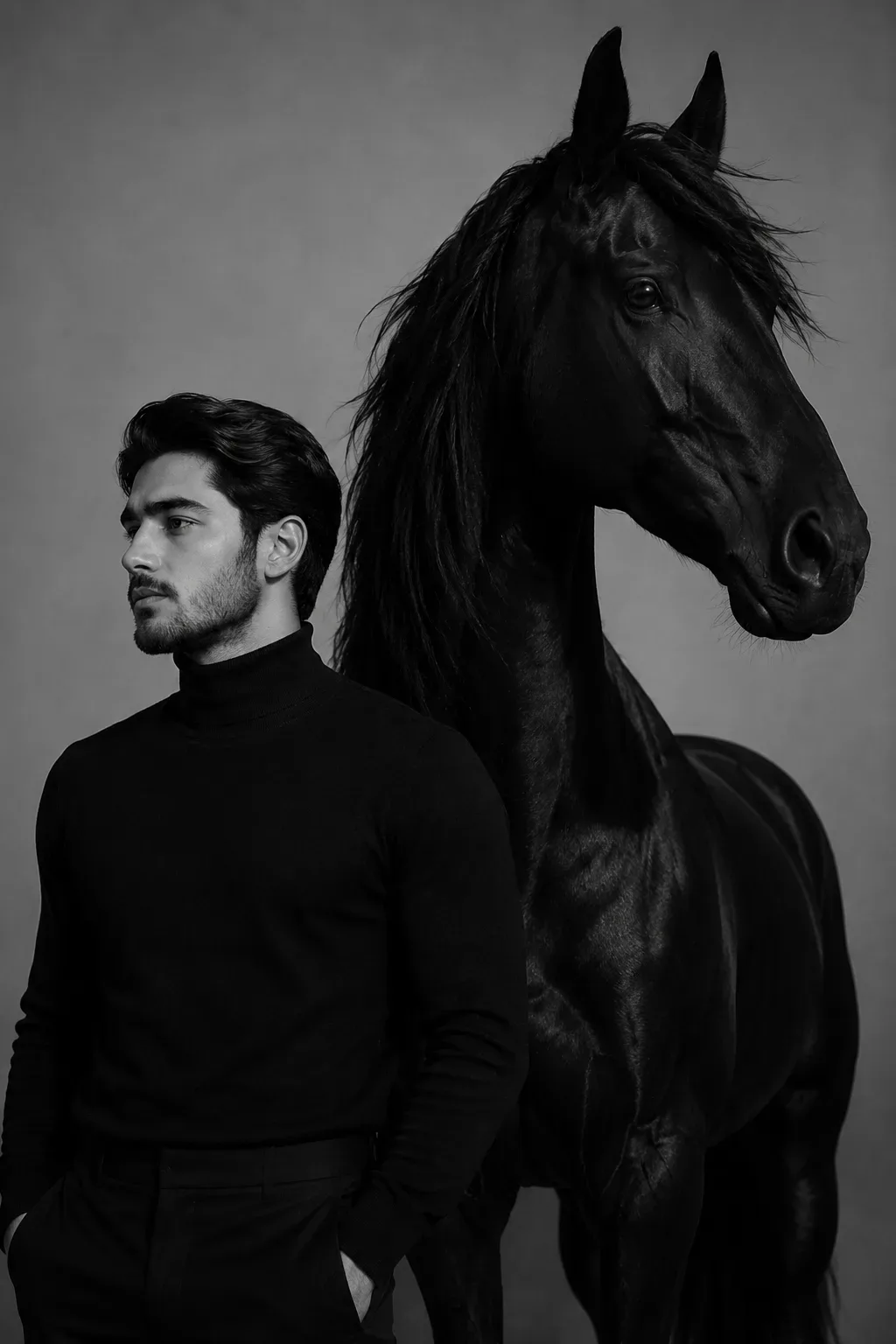 Stoic Man And Black Horse Portrait AI Photo Prompt preview example result