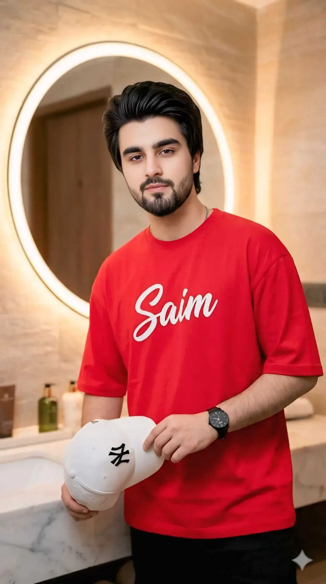 Studio Mirror Portrait Of A Stylish Man In A Red Oversized T-shirt Holding A White Baseball Cap AI Photo Prompt preview example result