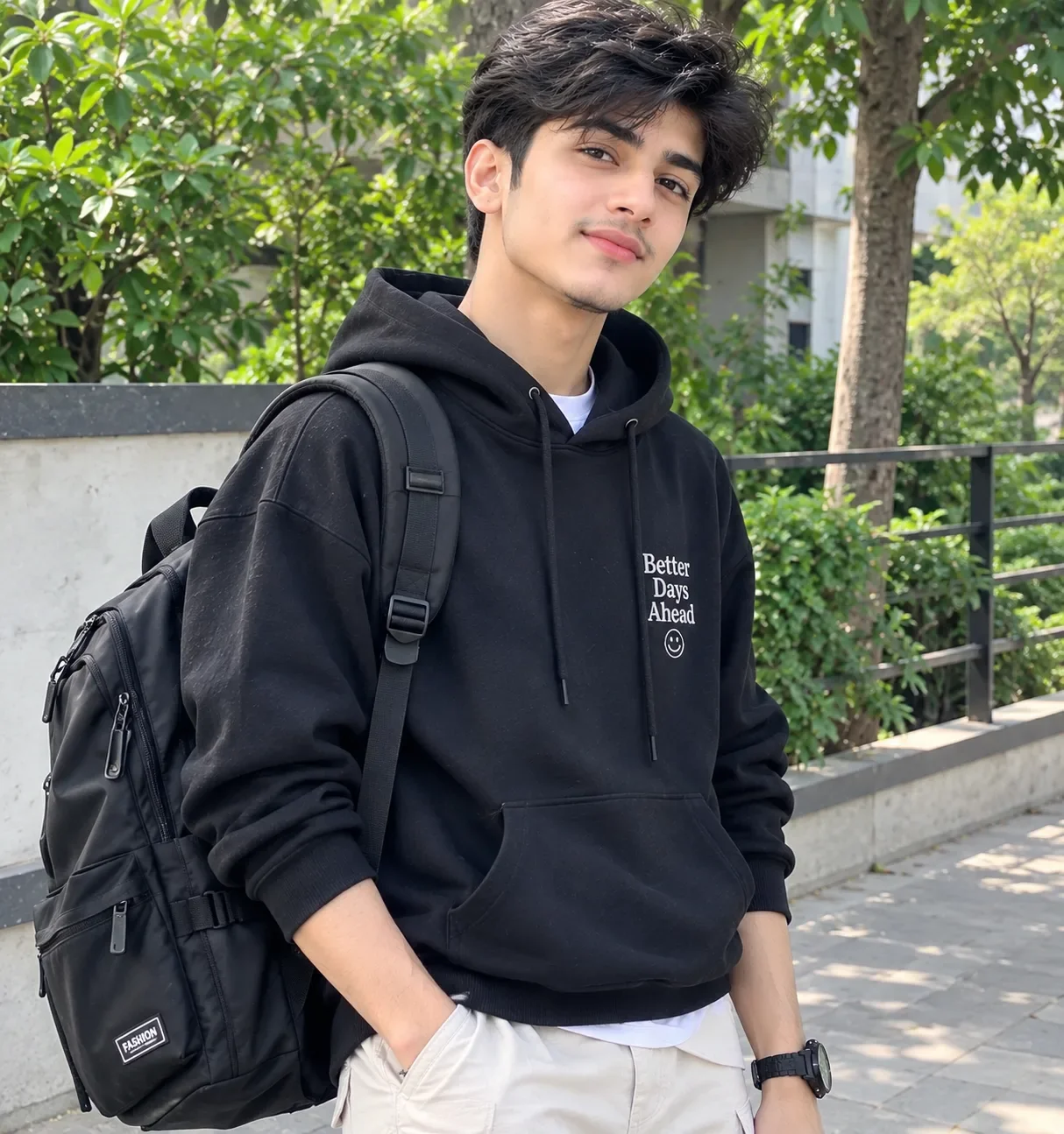 Stylish Black Hoodie Boy | Outdoor Fashion Vibes AI Photo Prompt preview example result