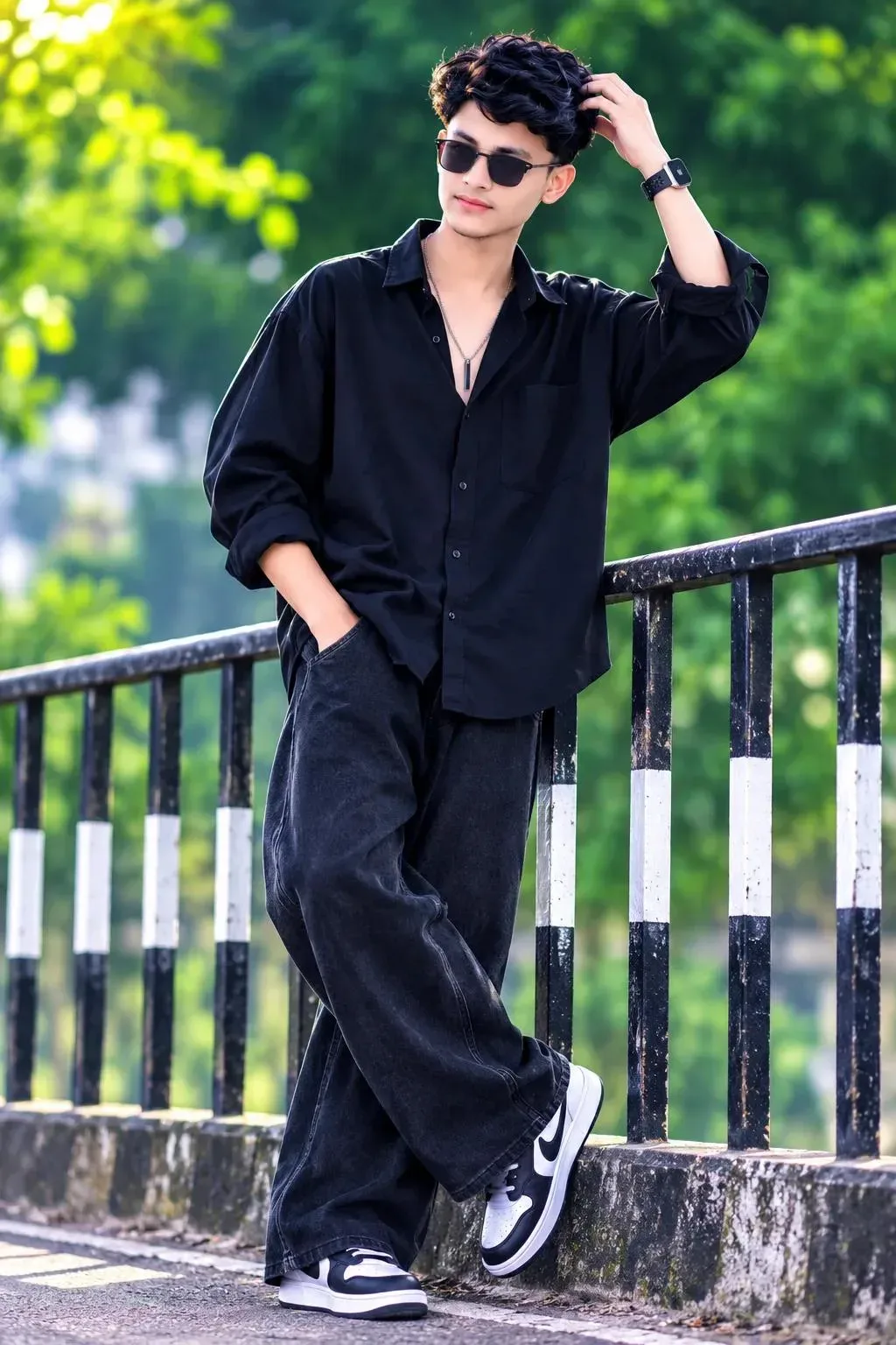 Stylish Boy In Black Denim Portrait On A Bridge AI Photo Prompt preview example result