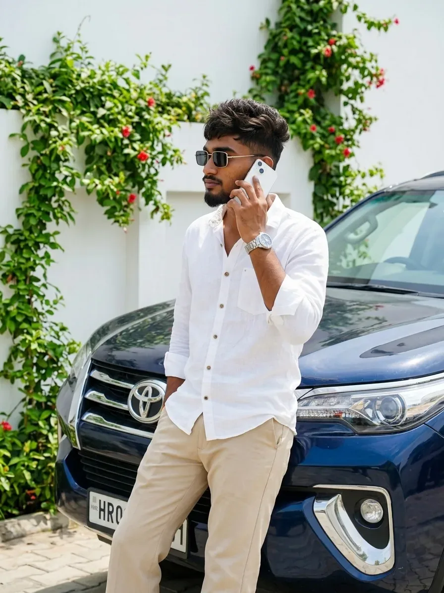 Stylish Male Leaning On Luxury SUV On Phone Call Portrait AI Photo Prompt preview example result