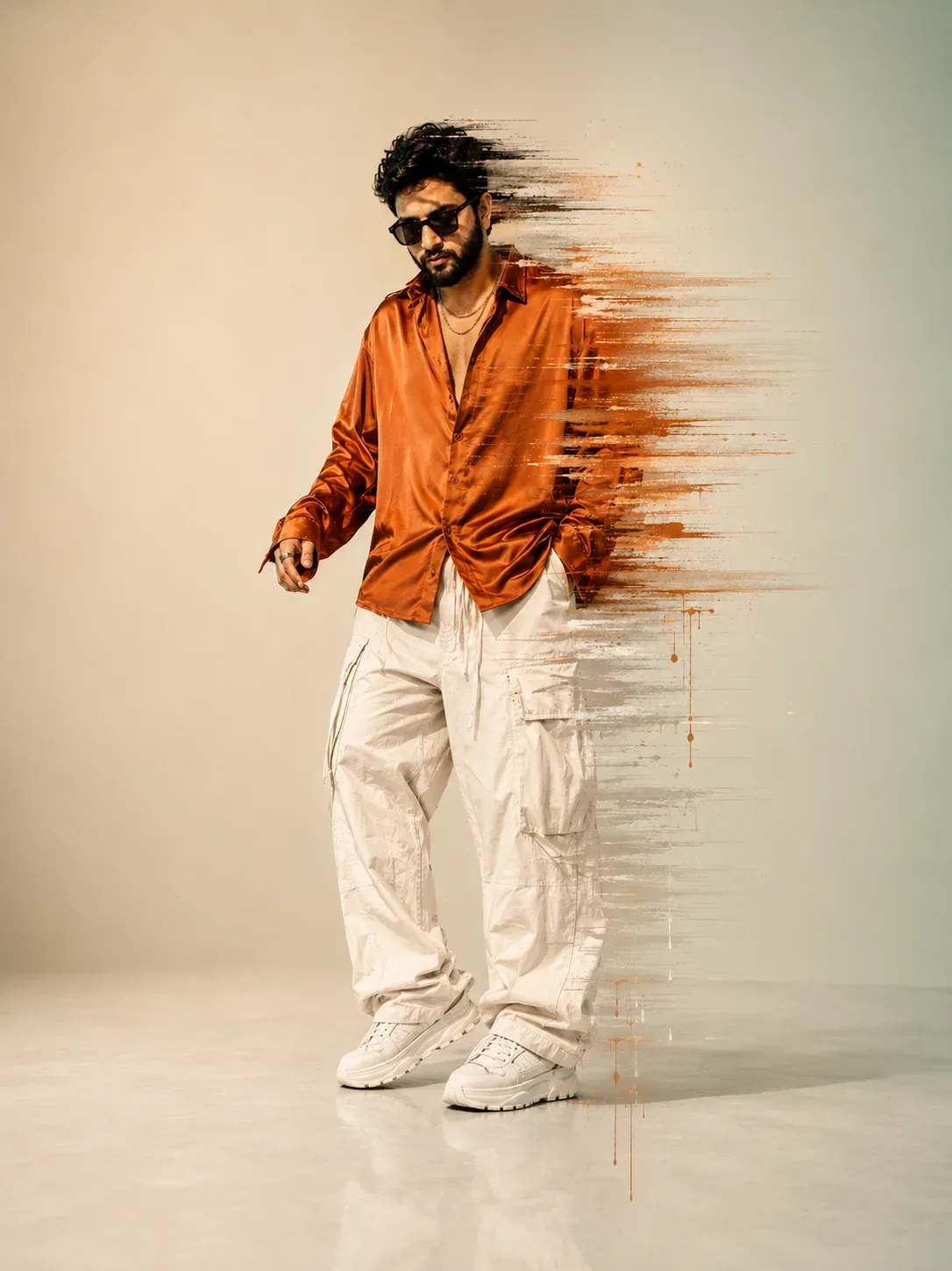 Stylish Orange Shirt Portrait With Artistic Glitch Effect AI Photo Prompt preview example result