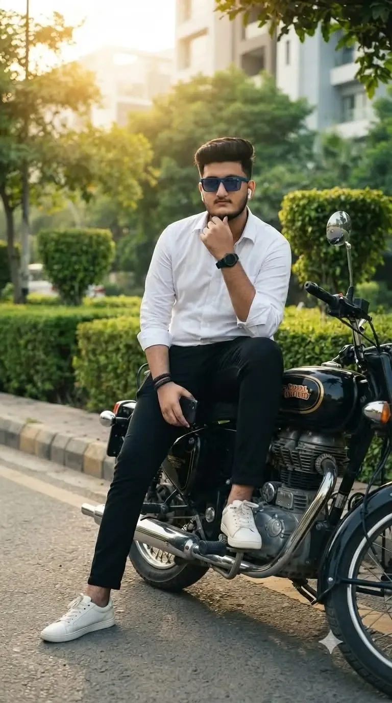 Stylish Young Man On Classic Black Motorcycle Portrait AI Photo Prompt preview example result