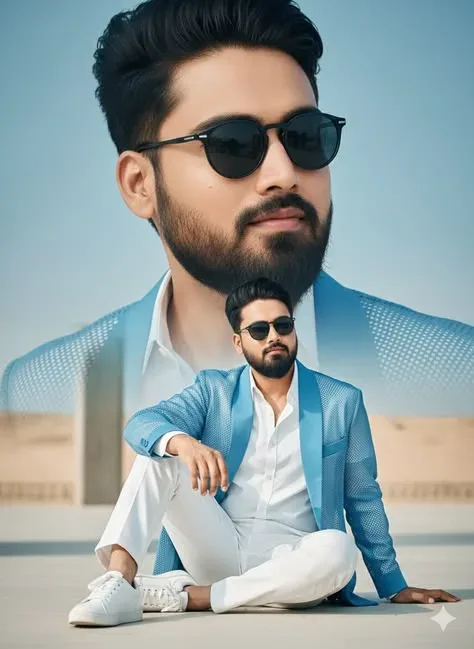 Summer Elegance: Handsome Man In Textured Sky Blue Blazer AI Photo Prompt preview example result