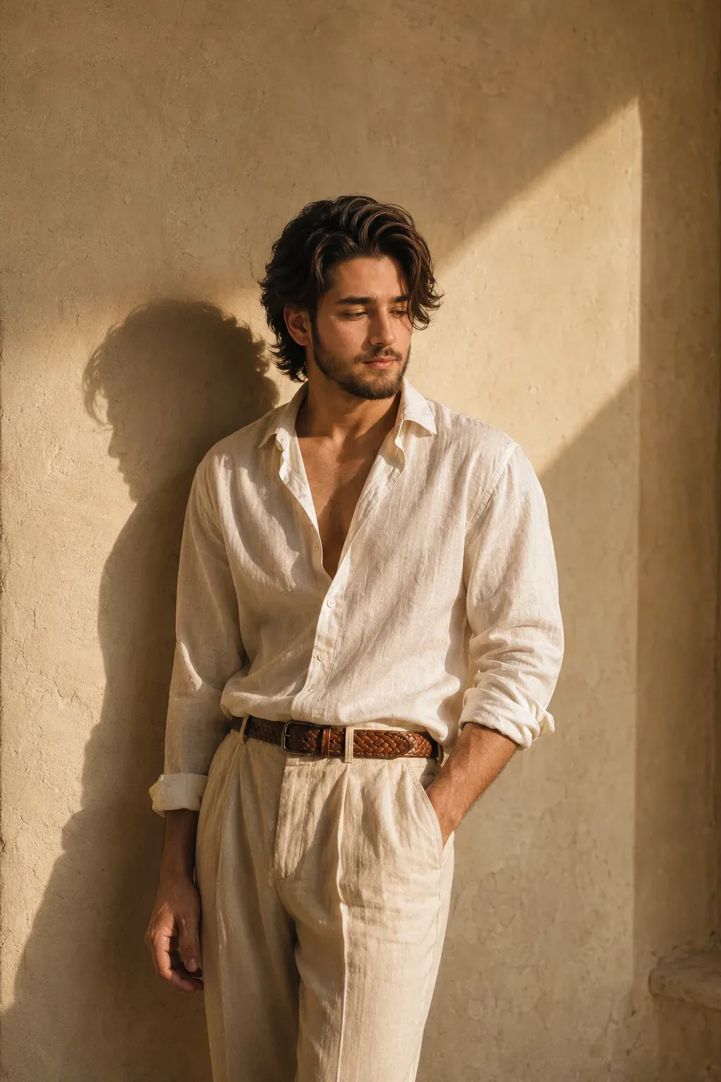 Sunlit Linen Portrait Against Plaster AI Photo Prompt preview example result