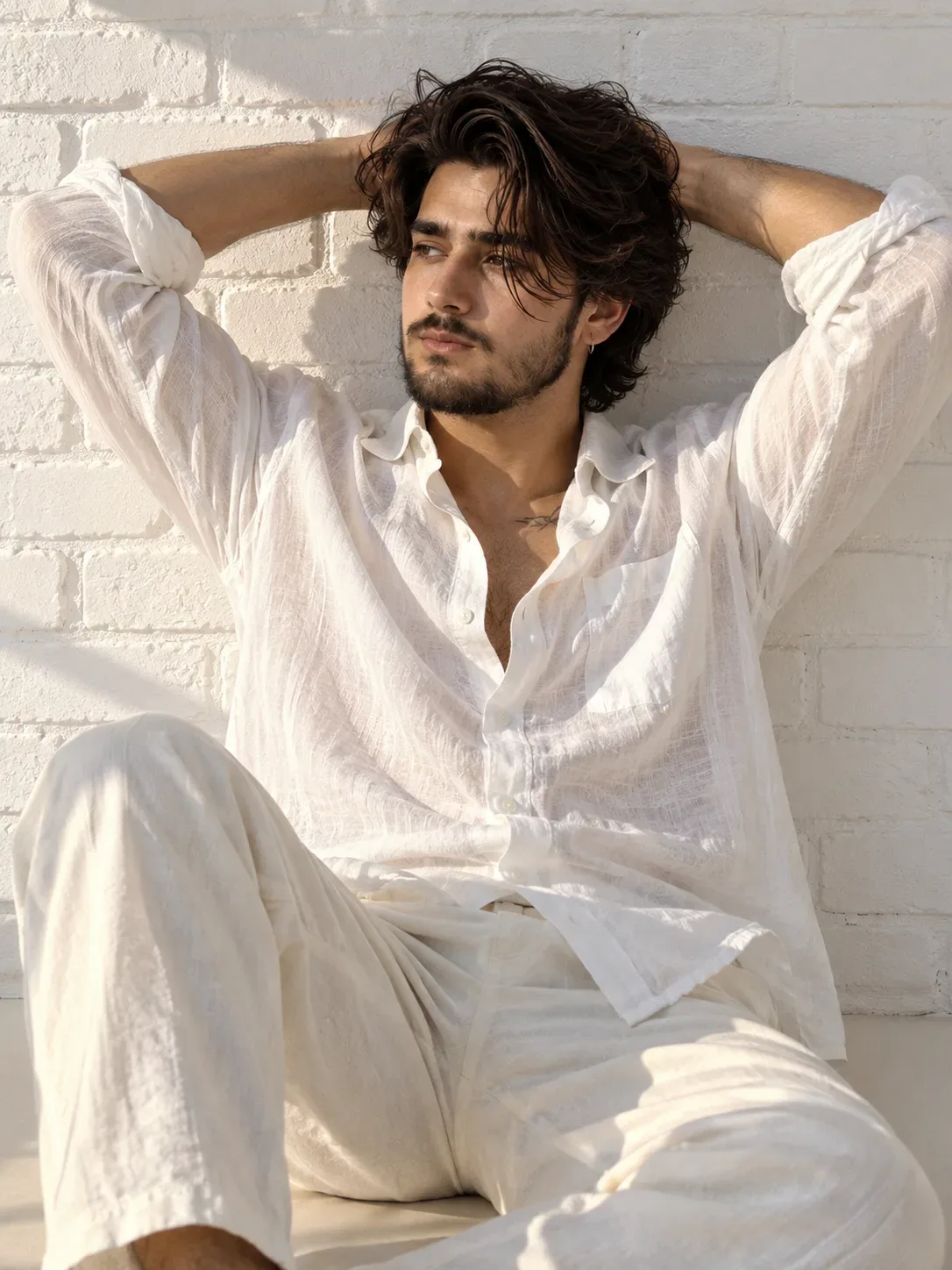 Sunlit White Linen Portrait By Brick Wall AI Photo Prompt preview example result