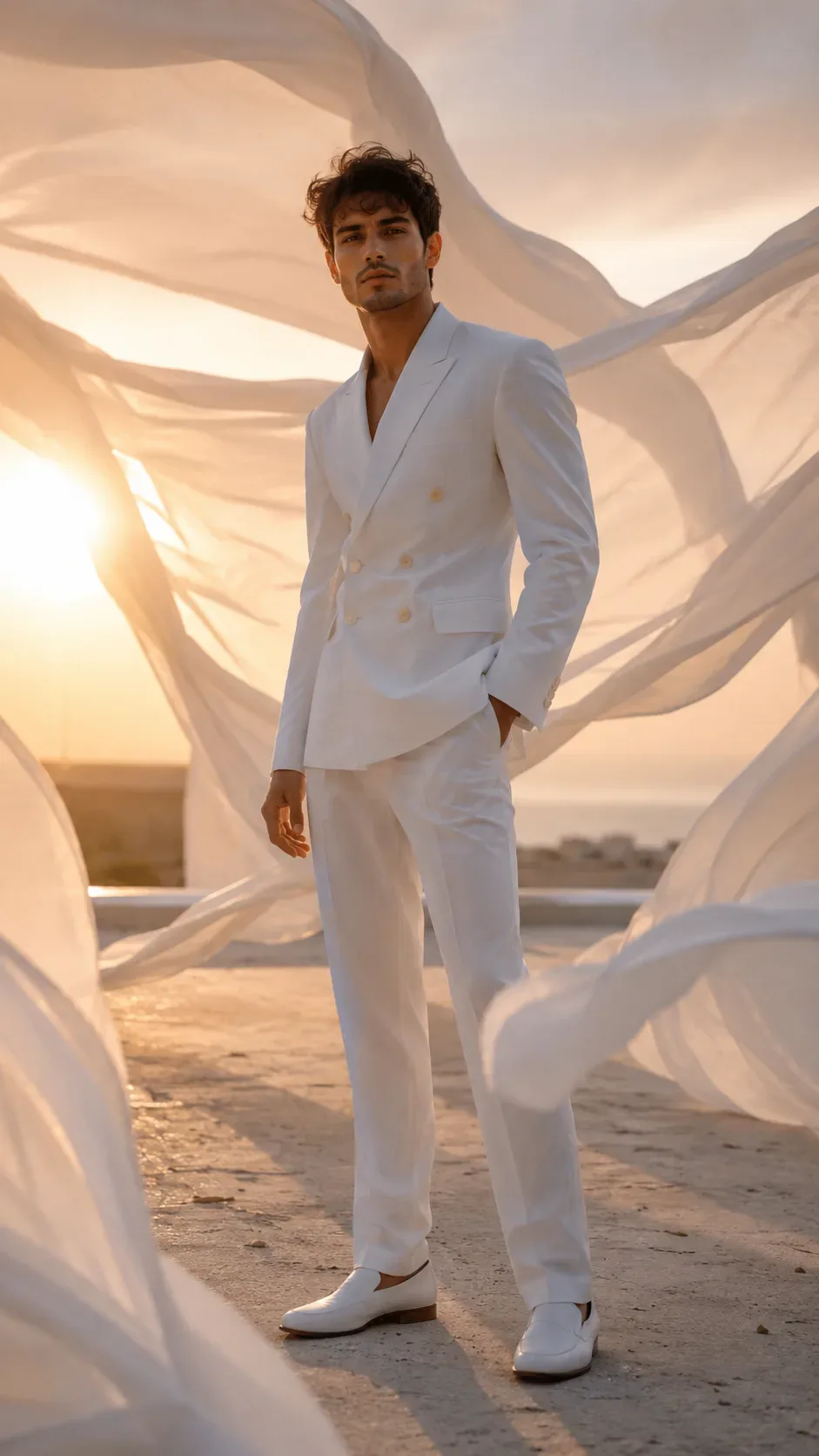 Sunlit White Suit Amid Flowing Fabric AI Photo Prompt preview example result