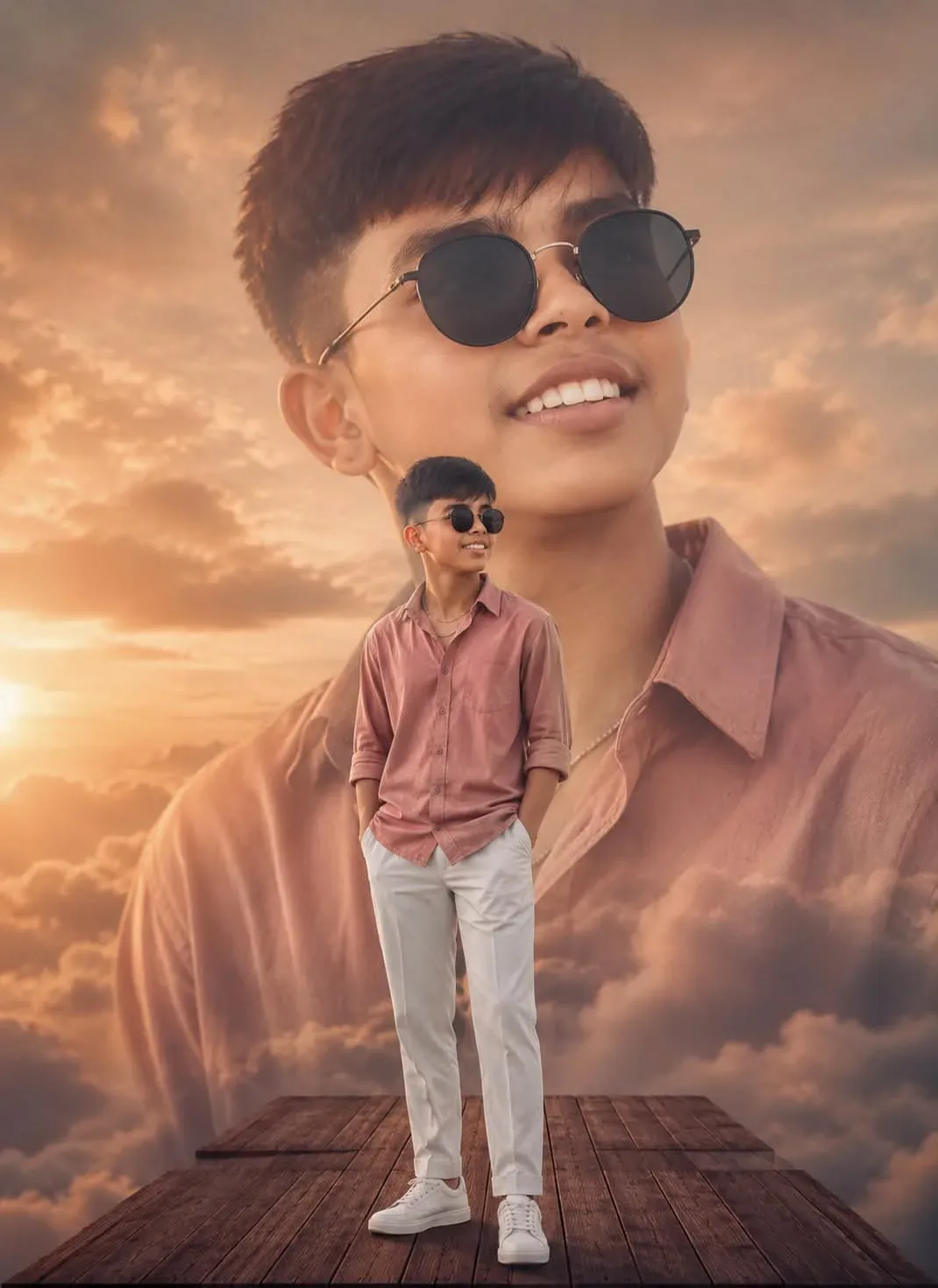 Sunset Double-exposure Wooden Pier Portrait AI Photo Prompt preview example result