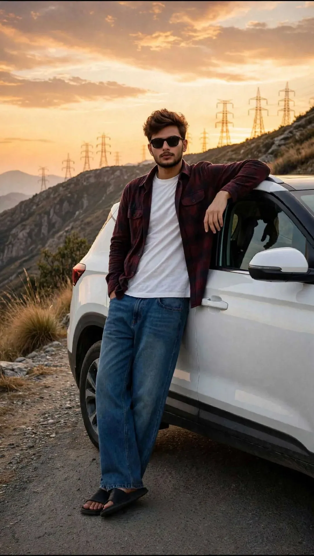 Sunset Rider Cinematic Portrait Beside White SUV AI Photo Prompt preview example result