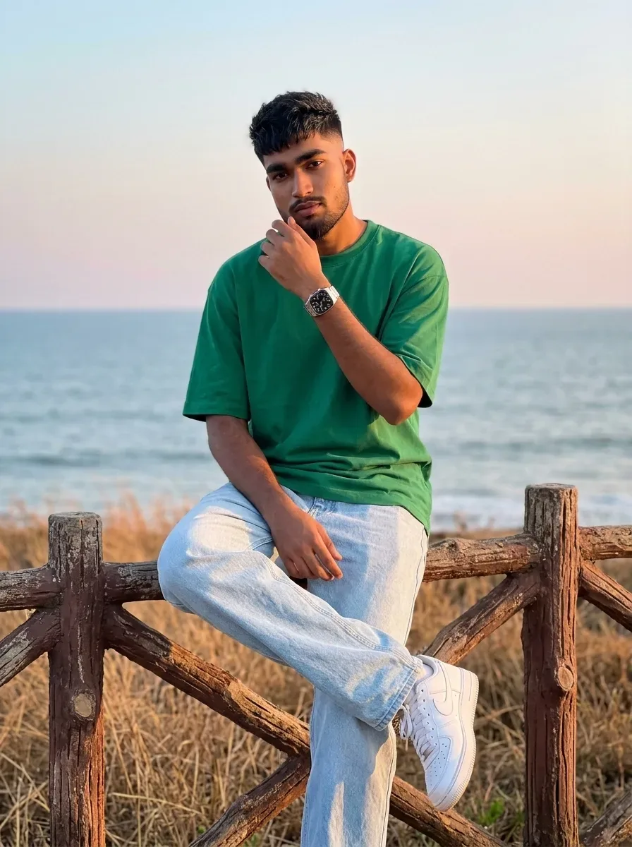 Sunset Seashore Male Portrait Sitting On Rustic Wooden Fence AI Photo Prompt preview example result