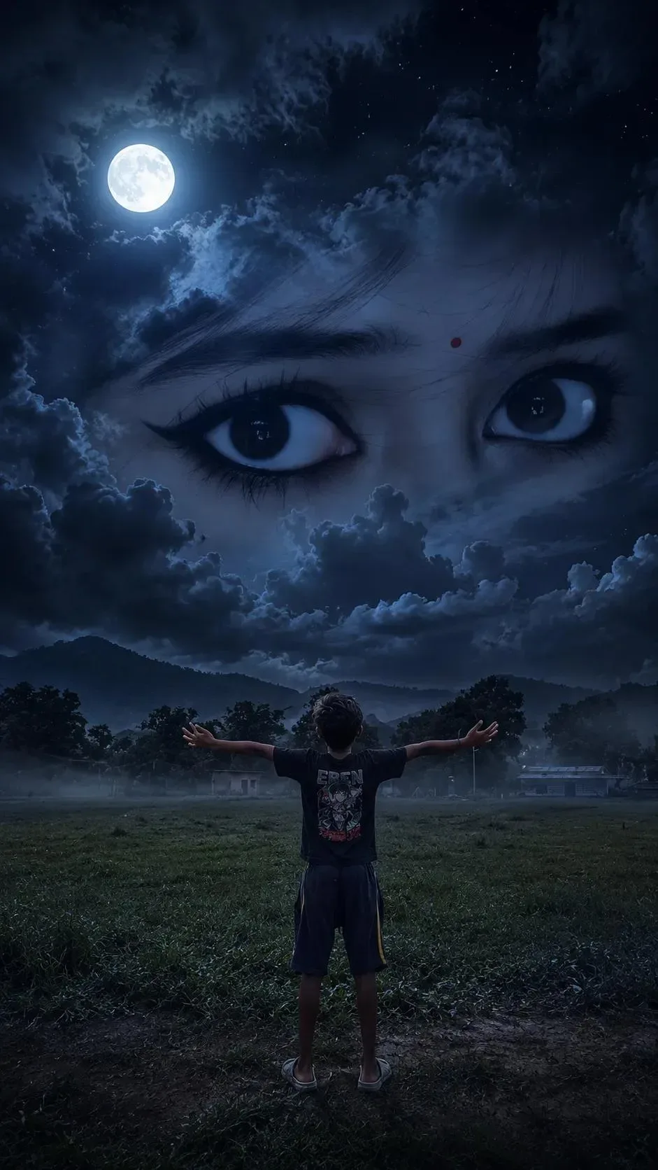 Surreal : Boy Under Giant Glowing Eyes And Full Moon AI Photo Prompt preview example result