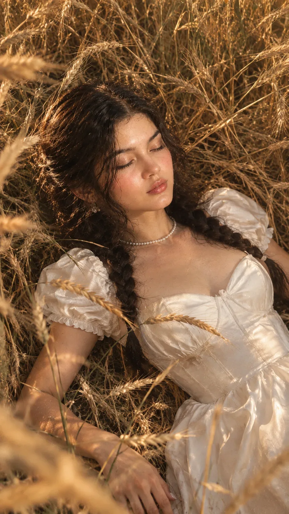 The Girl Is Lying On Her Back Among Dense Tall Golden Wheat Stalk AI Photo Prompt preview example result