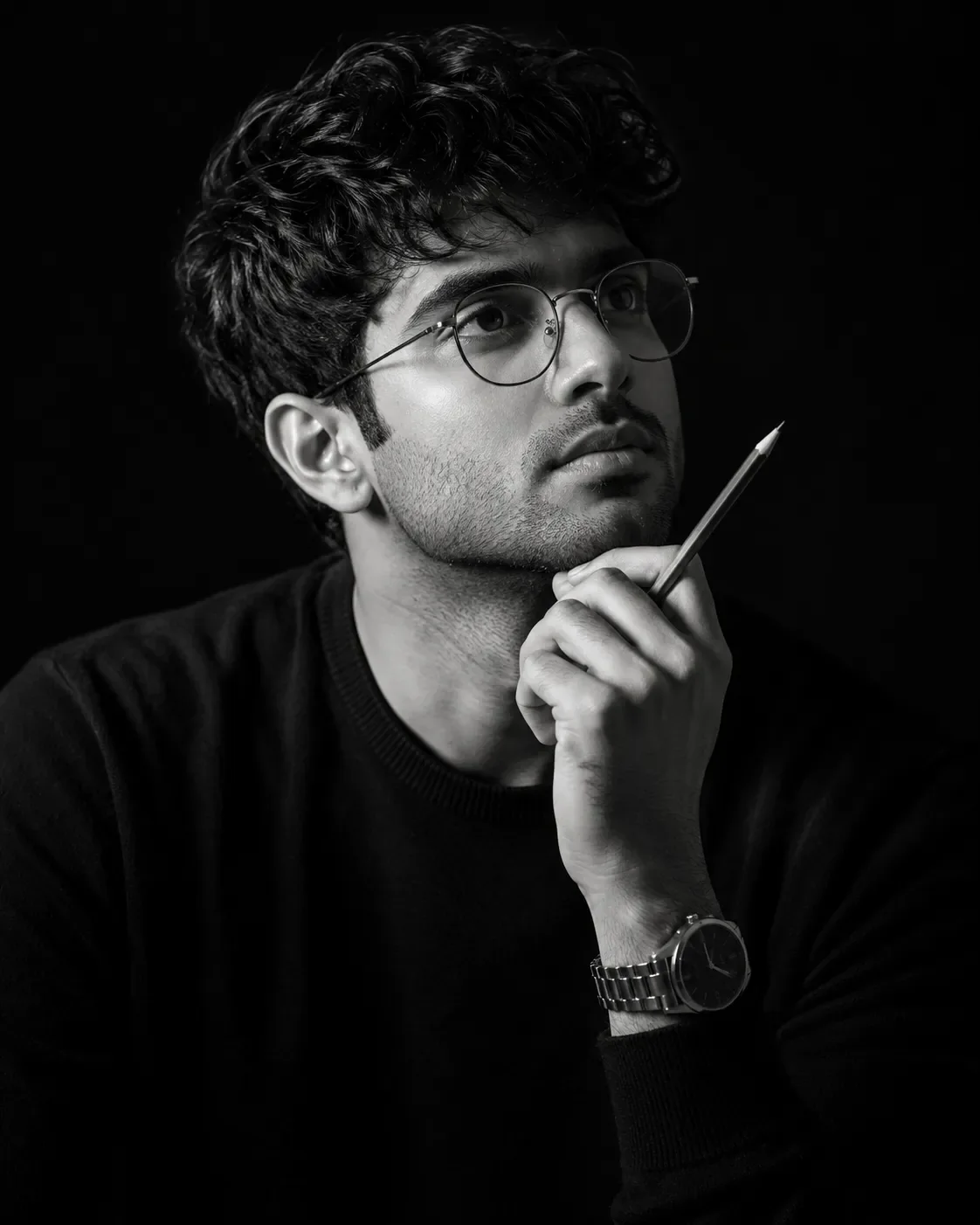 Thoughtful portrait with pencil and glasses preview example result
