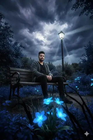 Quiet Bench Dark Cityscape Portrait - copy paste viral AI prompt