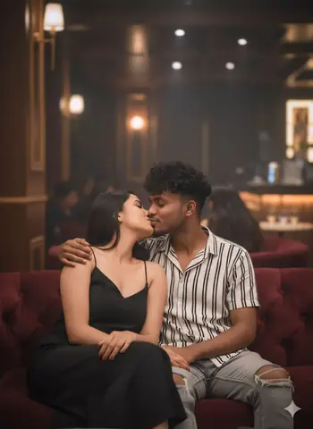 Young Couple Velvet Sofa Portrait - copy paste viral AI prompt
