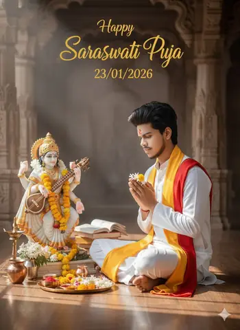Indian Boy's Devotional Saraswati Puja Style - copy paste viral AI prompt