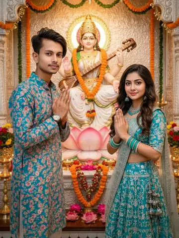 Divine Couple in Front of Goddess Saraswati - copy paste viral AI prompt