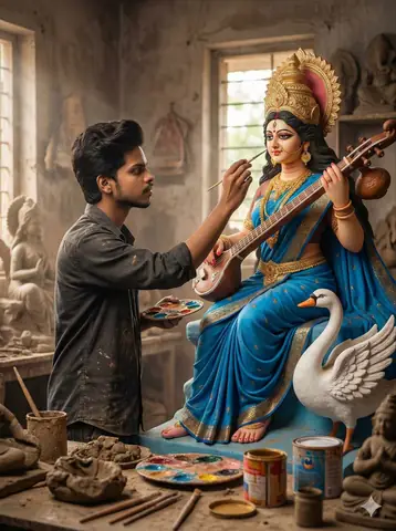 Indian Artist Painting Saraswati Idol Inspired - copy paste viral AI prompt