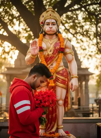 Devotee in Front of Lord Hanuman Statue - copy paste viral AI prompt