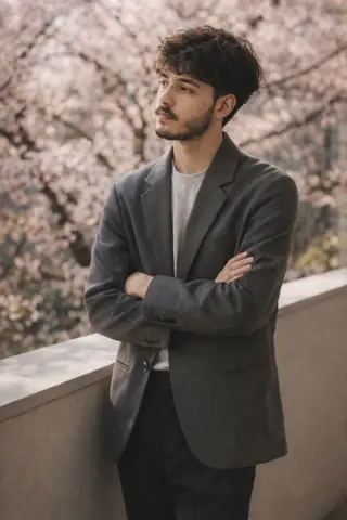 gray blazer boy cherry blossom - copy paste viral AI prompt
